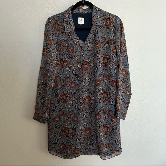 Cabi Blue Brown Floral Johnny Collar Long Sleeve Dress Women's size XS - Picture 1 of 6